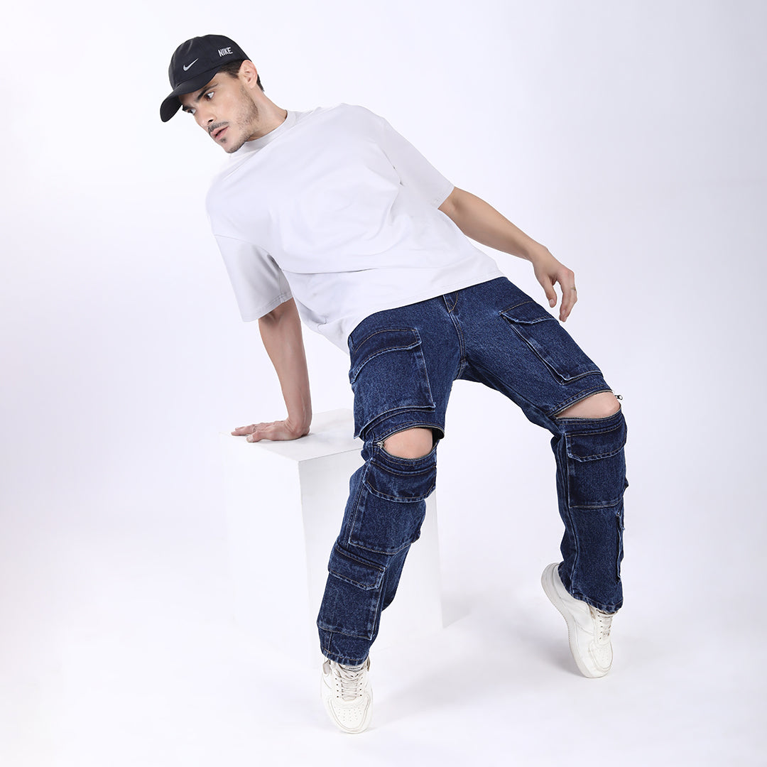DARK BLUE BAGGY CARGO FIT JEANS 4922-1